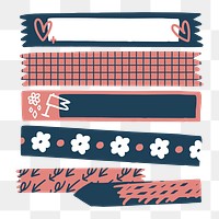 Washi tape png, doodle pattern, journal collage element, transparent background set