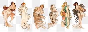 Art nouveau lady png illustration set, remixed from the artworks of <a href="https://www.rawpixel.com/search/Alphonse%20Maria%20Mucha?sort=curated&amp;page=1">Alphonse Maria Mucha</a>