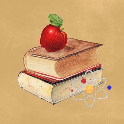 Science education, editable apple on stacked books collage. Remixed by rawpixel.