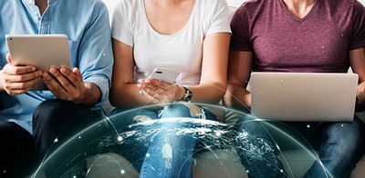 Group of diverse people using digital devices remix