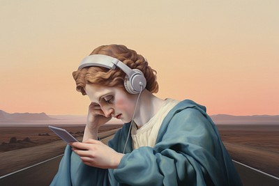 Woman listening to music , editable oil painting