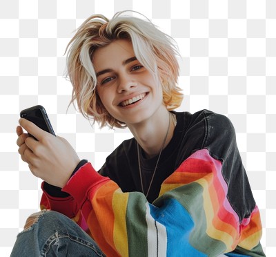 PNG Smiling person holding smartphone