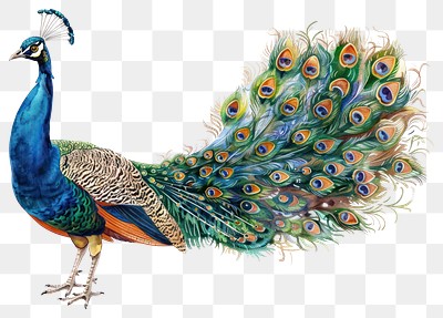 PNG Vibrant peacock illustration with feathers.