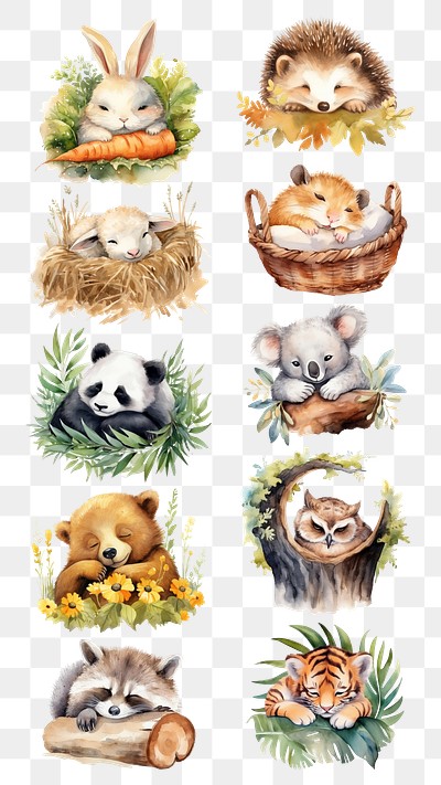 PNG Watercolor sleeping animal illustration element set, transparent background