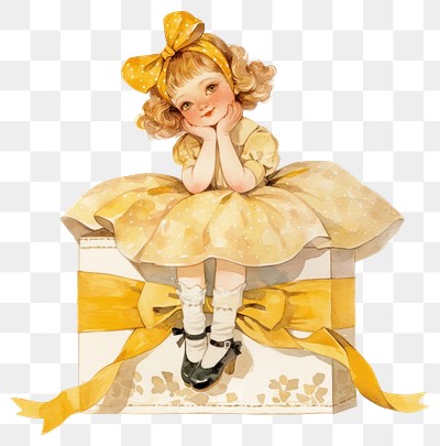 PNG Vintage girl sitting gift box