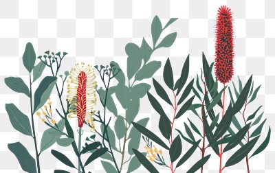 PNG minimal Flat vector Aesthetic illustration of [*Eucalyptus, Banksia, and Bottlebrush* Group tree, (Australian Forest): Towering eucalyptus trees with aromatic leaves and gum nuts, unique banksia trees with serrated leaves and cylindrical flower spikes, and vibrant bottlebrush trees with slender leaves and distinctive red, brush-like flowers, showcasing the diverse flora of Australian forests, isolated center on a solid white background, unity and harmony, doodle, subtle medium outline, simple bold flat form, cartoon for kids --ar 3:2 --v 6.0