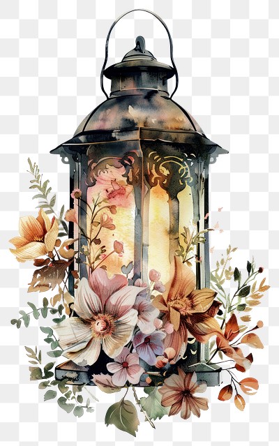 PNG Watercolor dark academia tlantern hydrant lamp art.