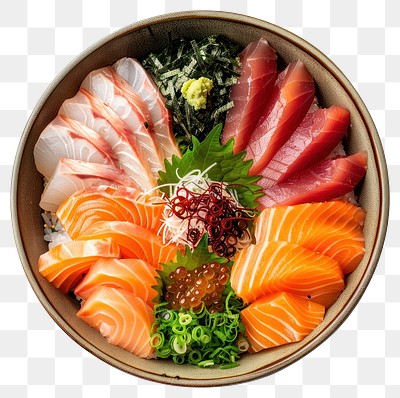 PNG Fresh sashimi bowl with garnishes