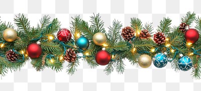 Seamless decorative christmas border with coniferous branches and garlands of christmas lights and ornaments accessories accessory pineapple.