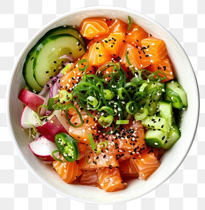 PNG Salmon poke bowl plate food meal.