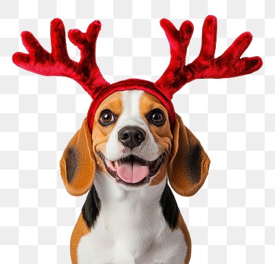 PNG Beagle dog dog wearing a red deer antlers headband on head christmas costume happy.