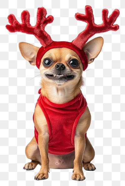 PNG Chihuahua dog dog wearing a red deer antlers headband on head christmas costume cute.