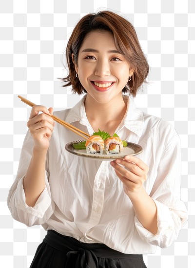 PNG Woman eating sushi roll chopsticks background holding.