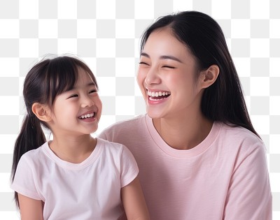 A young mixed race asian woman wearing pale pink t-shirt with her daughter laughing person people.