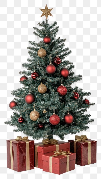 PNG A Christmas tree with red and gold ball decoration with top stars christmas boxes gifts.