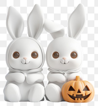 PNG Two cute white bunnies halloween pumpkin bunny.