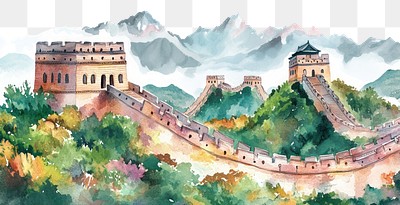 PNG Great Wall of China architecture illustration watercolor.