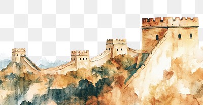 PNG Great Wall of China architecture illustration watercolor.