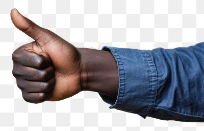 PNG A hand of an African man with his thumb up thumbs shirt blue.