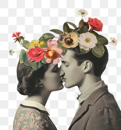 Retro man and woman flower photography bridegroom.