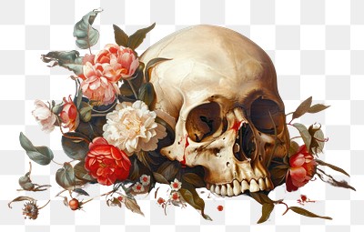 PNG  Skull with flowers painting art illustration.