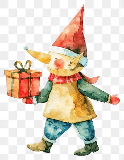 PNG A Christmas knome carry a present illustration watercolor christmas.