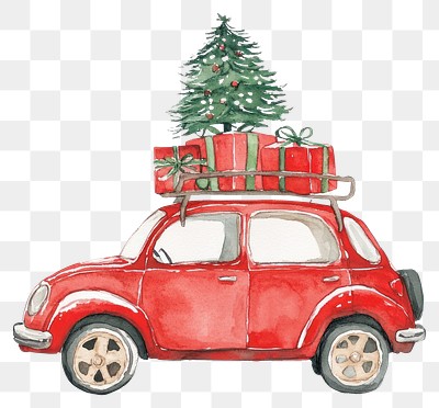 PNG Cute red Christmas car with presents and a tree on top of it christmas watercolor art.