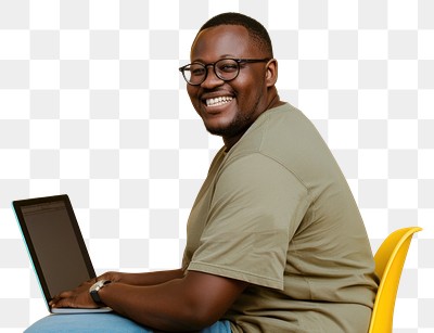 PNG Man wearing glasses smile to a camera with a laptop man background sitting.