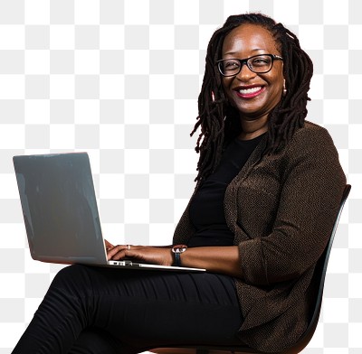 PNG Black woman wearing glasses smile to a camera with a laptop background sitting happy.