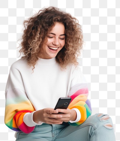 PNG  Happy woman using smartphone