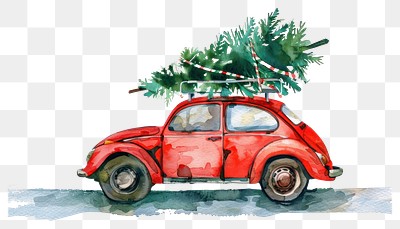 PNG Christmas tree on the roof of a red car illustration watercolor christmas.