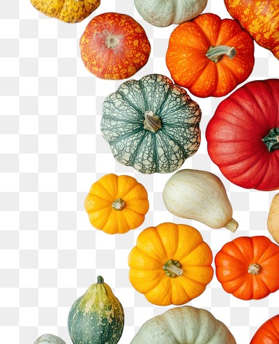 PNG Autumn background with differently colored pumpkins on a light blue table vegetable produce squash.