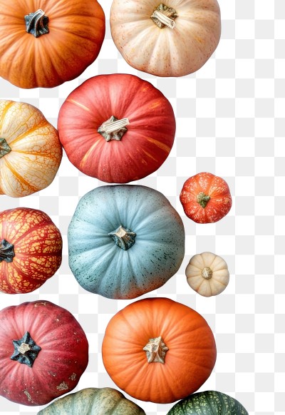 PNG Autumn background with differently colored pumpkins on a light blue table vegetable autumn gourds.