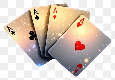 PNG 4 playing cards floating on a black background with glowing light effects game illustration gambling.