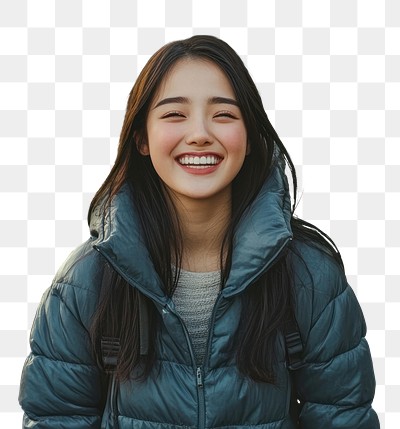 Happy young woman wearing a down jacket photo photography clothing.