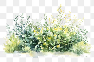 PNG  Green bushes with flowers art illustration watercolor.