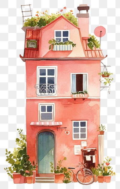 PNG Cozy Nordic Apartment house illustration watercolor bicycle.