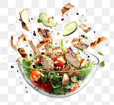 PNG Grilled Chicken Salad bowl explosion tomatoes.