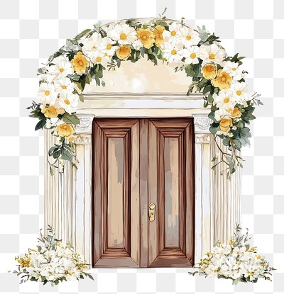 PNG An ancient greek wedding door with white and yellow flowers architecture arched wreath.