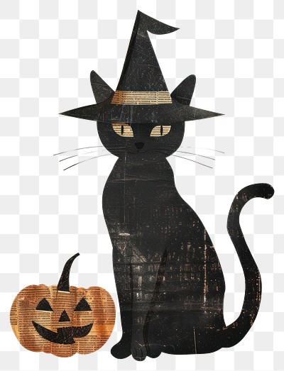 PNG Ephemera paper black cat pumpkin witch hat.