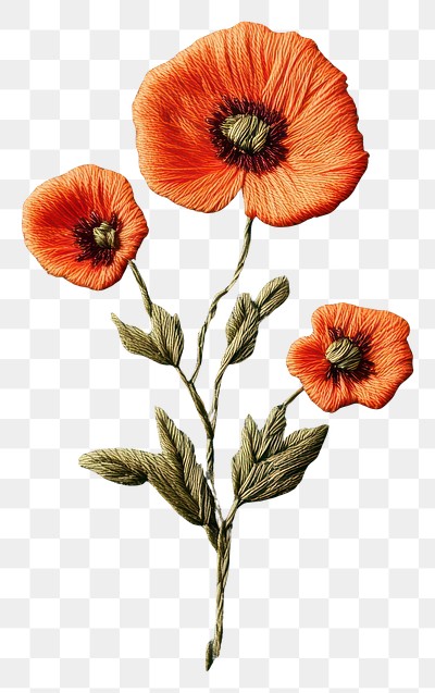 PNG Autumn poppy flower bunch embroidery flowers textile.