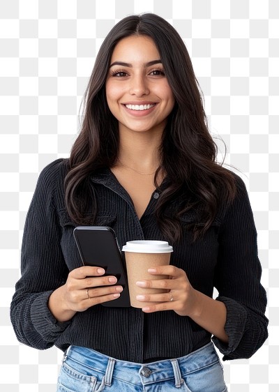 PNG Woman holding mobile phone portrait cup photography.