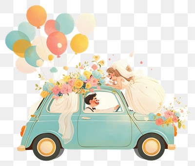 PNG A cute wedding mini car adorned with flowers and balloons art illustration vehicle.