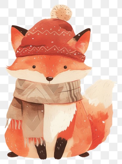 PNG Cute fox with scarf illustration animal hat.