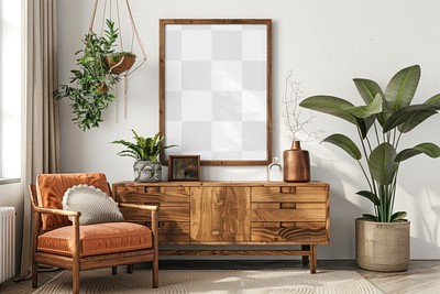 Wooden photo frame mockup png living room interior, transparent design