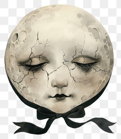 PNG Celestial vintage moon face with black cracks art illustration watercolor.