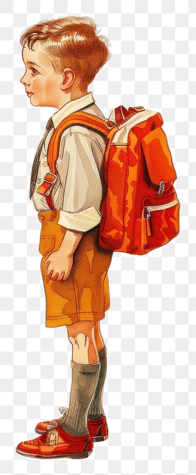 PNG Vintage illustration of cute boy student backpack style art.