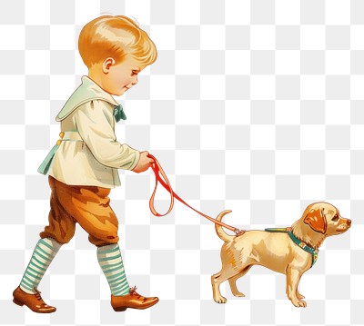 PNG Vintage illustration of cute boy Walking a dog walking pet accessories.