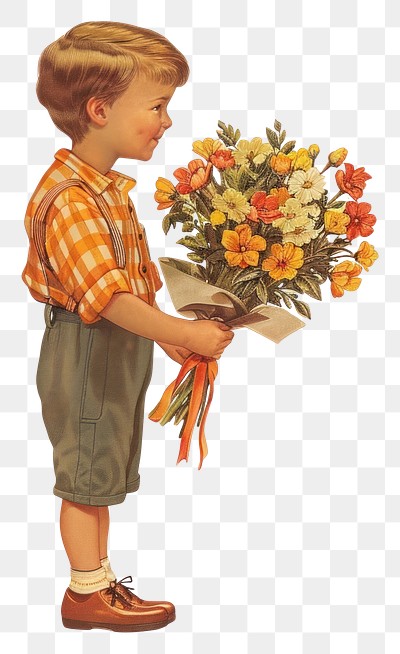 PNG Vintage illustration of boy holding a flower bouquet flowers child photography.