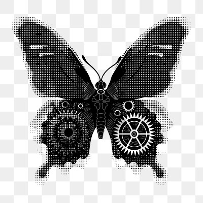 PNG A butterfly with gears for wings art insect black.